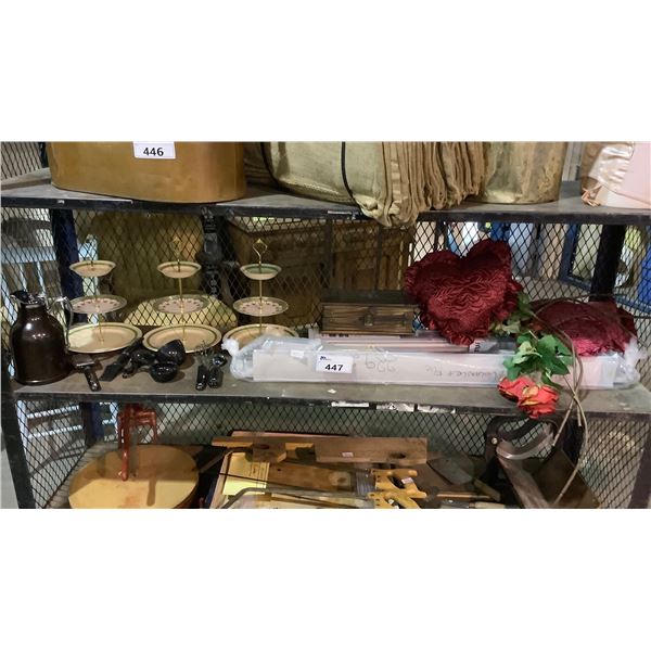 SHELF LOT OF 3 TIER PASTRY SERVERS, KITCHENAID KITCHEN ITEMS, BLINDS, AND MORE