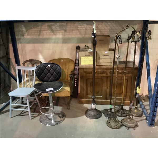 LOT OF ASSORTED FURNITURE, AND LIGHTS, SIDEBOARD, FLOOR LAMPS, ANTIQUE CHAIRS, AND MORE