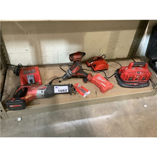 MILWAUKEE SAWZALL, IMPACT DRIVER, CORDLESS DRILL, 2 BATTERIES, 3  BATTERY CHARGERS, & DRILL BITS