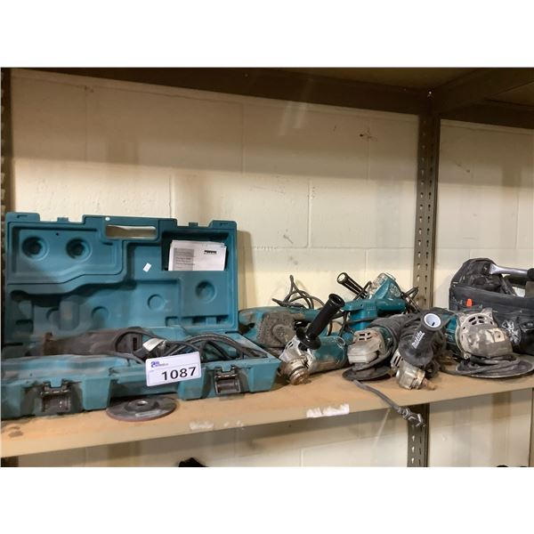 ASSORTED CORDED MAKITA TOOLS: GRINDERS, SANDERS, DRILL, AND SAWZALL WITH CARRYING CASE