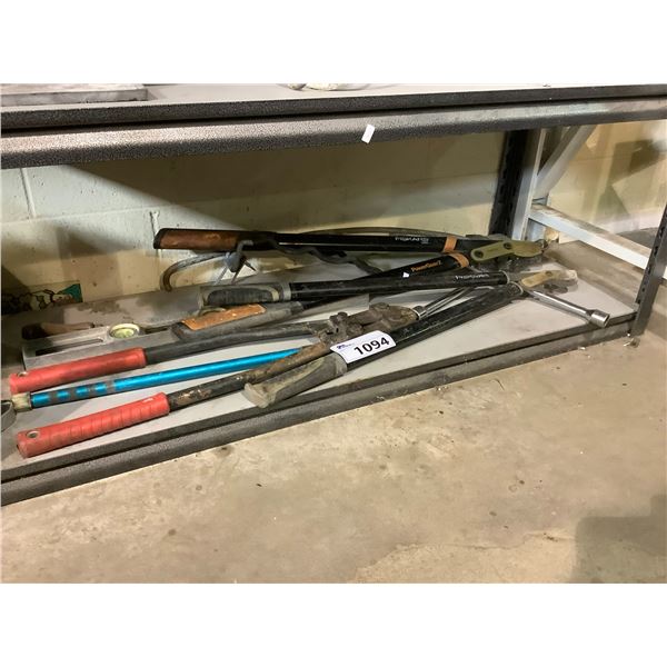 ASSORTED TOOLS: PRUNER, BOLT CUTTERS, TIRE IRON, LEVEL, & MORE