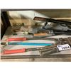 Image 2 : ASSORTED TOOLS: PRUNER, BOLT CUTTERS, TIRE IRON, LEVEL, & MORE