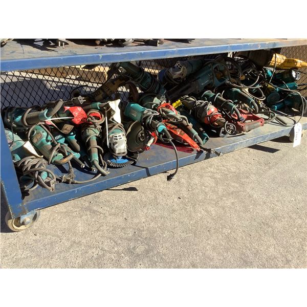 SHELF LOT OF MAKITA GRINDERS, DEWALT SAWZALLS, ELECTRIC IMPACT GUNS