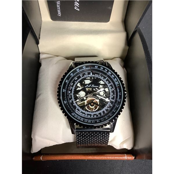 *NEW* MEN'S LA BANUS SKELETON DIAL WATCH WITH SHARK MESH STAINLESS STEEL STRAP, SILVER COLOUR