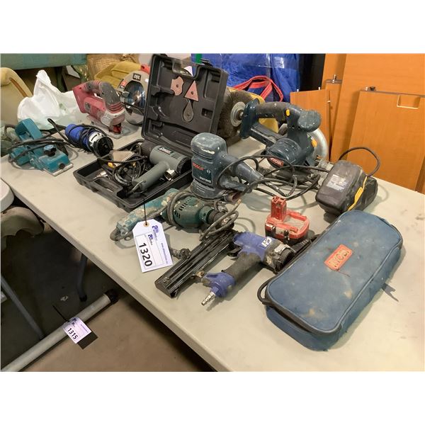 LOT OF ASSORTED TOOLS, SKILSAW, SANDERS, DRILL, NAIL GUNS, BENCH GRINDER, AND MORE