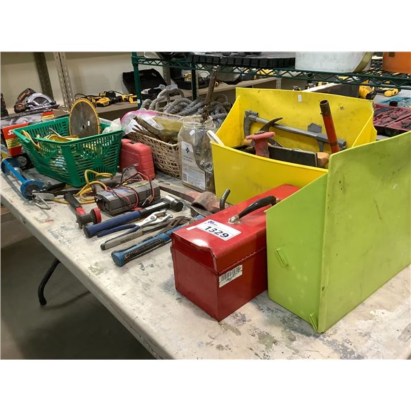 TOOL CONTENTS OF TABLE, TOOLBOX, CAR INVERTER, HAMMERS, PLIERS, AND MORE