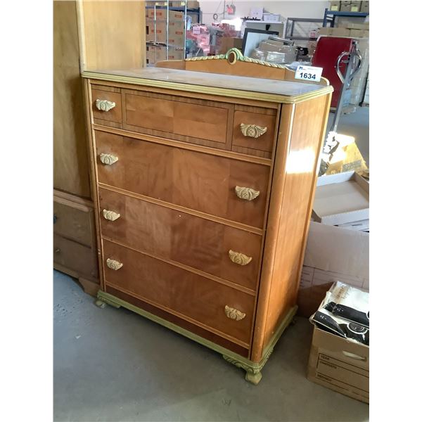 CIRCA 1940'S CARVED BLONDE WALNUT 4 DRAWER HIGHBOY DRESSER