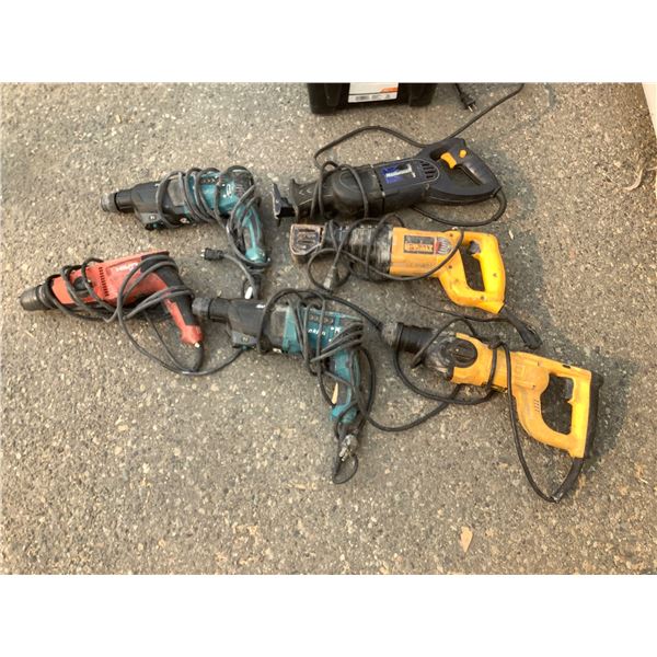 BIN OF ASSORTED TOOLS: RECIPROCATING SAWS AND DRILLS: DEWALT, MAKITA, MASTERCRAFT, & HILTI