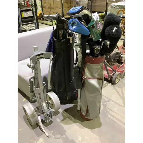 2 GOLF BAGS WITH CLUBS AND ROLLING GOLF CADDY