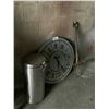 Image 2 : WALL CLOCK, PITCHFORK, AND STAINLESS STEEL GARBAGE CAN