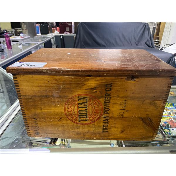 TROJAN POWER CO. WOODEN BOX WITH CONTENTS; BRASS HORSE HANGERS, ABORIGINAL ART AND MORE