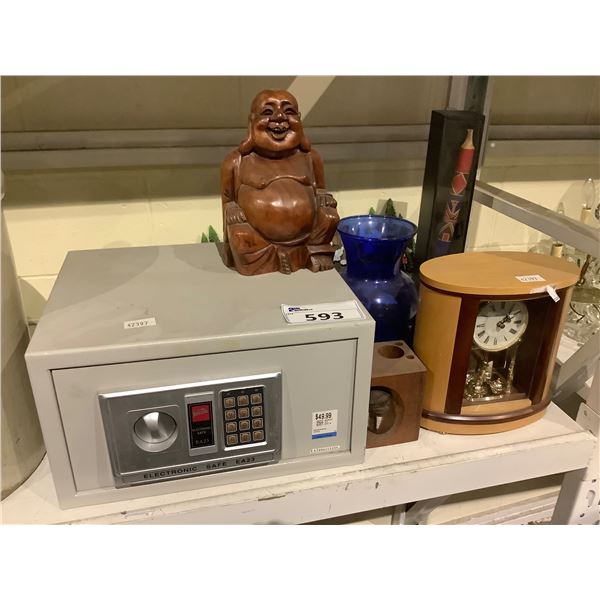 ASSORTED ITEMS INCLUDING; SAFE, CLOCK, BUDDHA & MORE