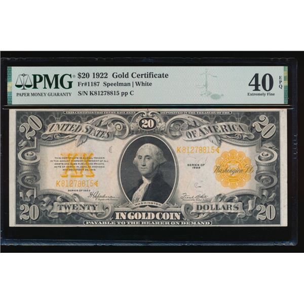 1922 $20 Gold Certificate PMG 40EPQ