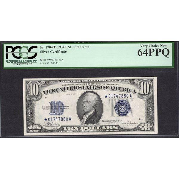 1934C $10 STAR Silver Certificate PCGS 64PPQ