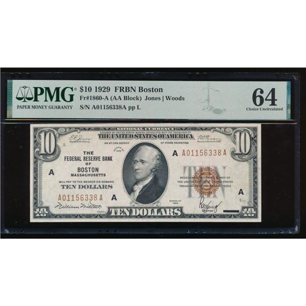 1929 $10 Boston FRBN PMG 64