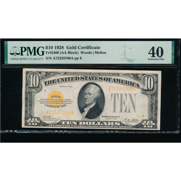 1928 $10 Gold Certificate PMG 40