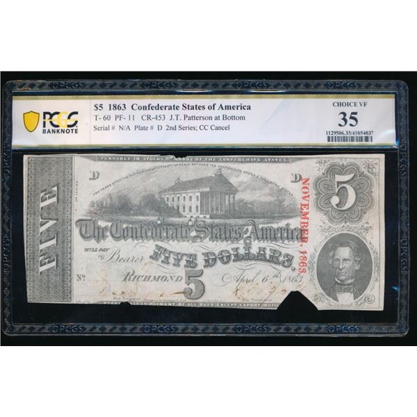 1863 $5 T-60 Confederate PCGS 35