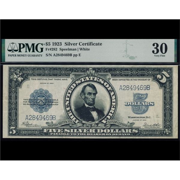 1923 $5 Lincoln Porthole Silver Certificate PMG 30