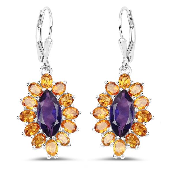 Plated Rhodium 6.54ctw Amethyst and Citrine Earrings