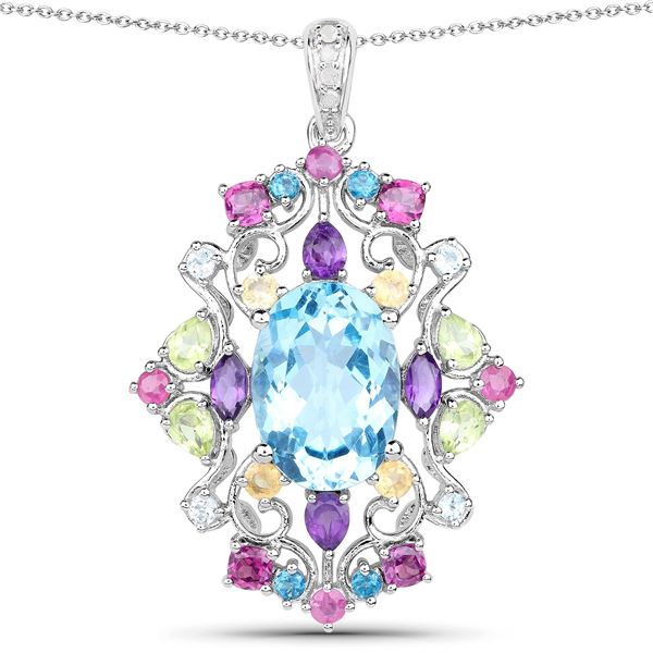 Plated Rhodium 10.43ctw Multi Color Gemstone Pendant with Chain