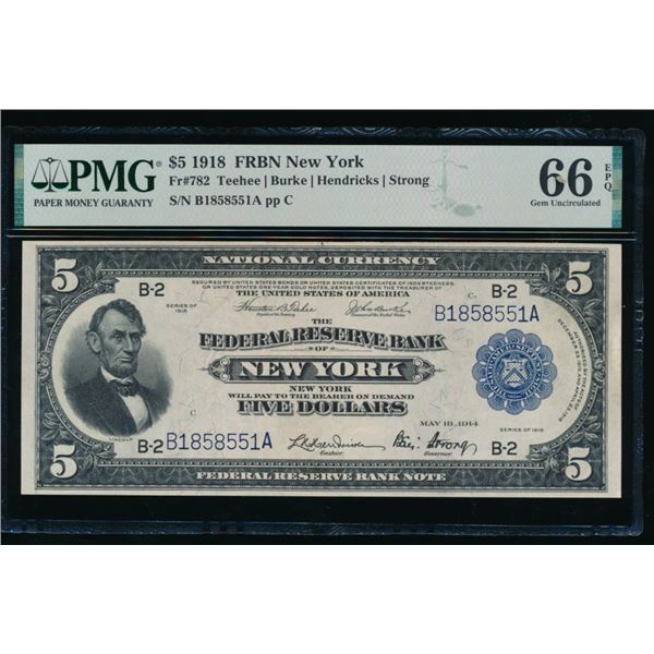1918 $5 New York FRBN PMG 66EPQ