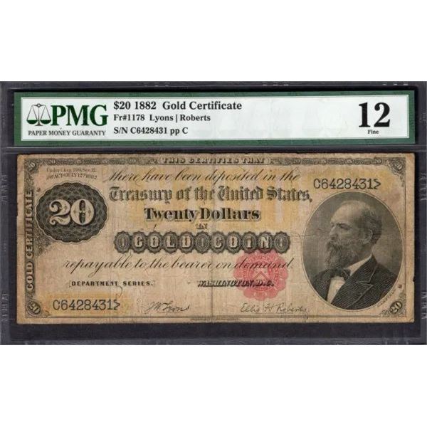 1882 $20 Gold Certificate PMG 12
