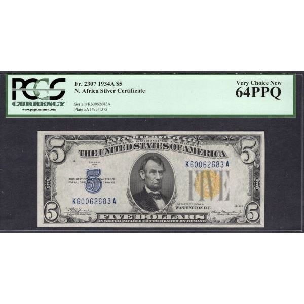 1934A $5 N Africa Silver Certificate PCGS 64PPQ