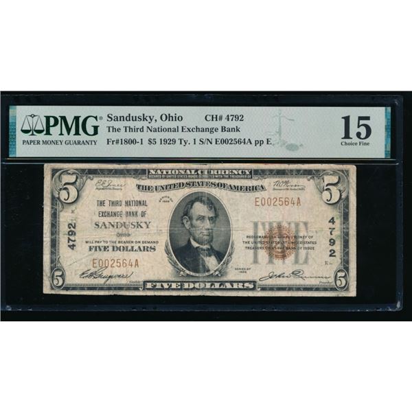 1929 $5 Sandusky OH National PMG 15