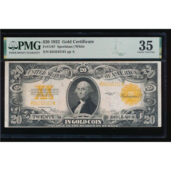 1922 $20 Gold Certificate PMG 35