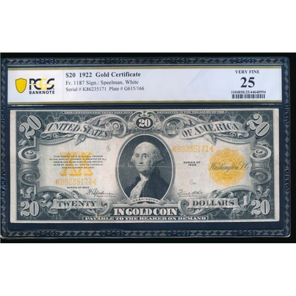 1922 $20 Gold Certificate PCGS 25