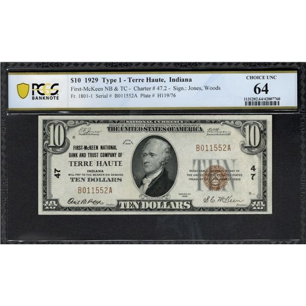 1929 $10 Terre Haute IN National PCGS 64