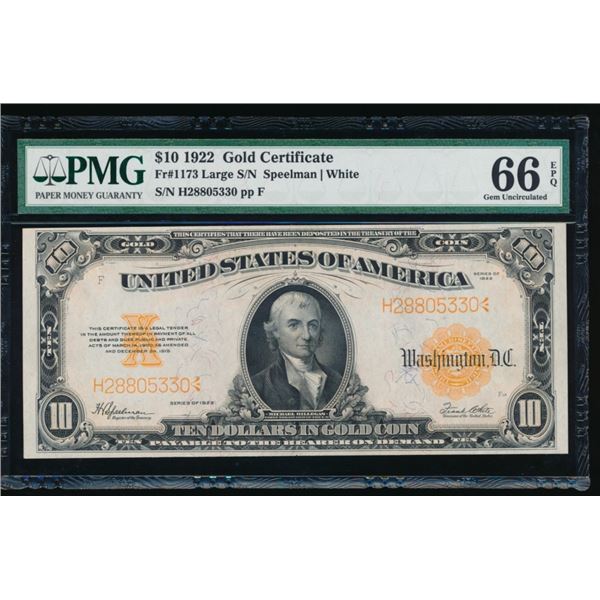 1922 $10 Gold Certificate PMG 66EPQ
