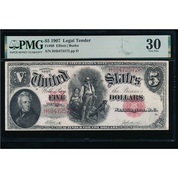 1907 $5 Legal Tender Note PMG 30