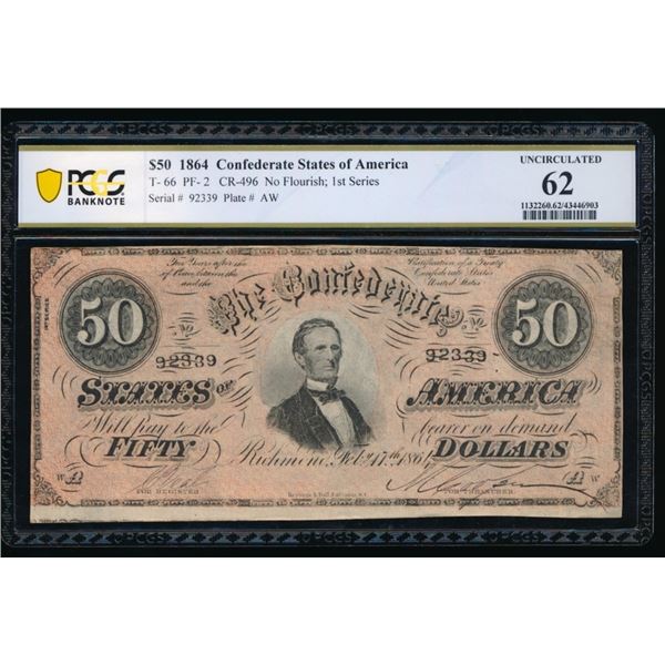 1864 $50 T-66 Confederate PCGS 62