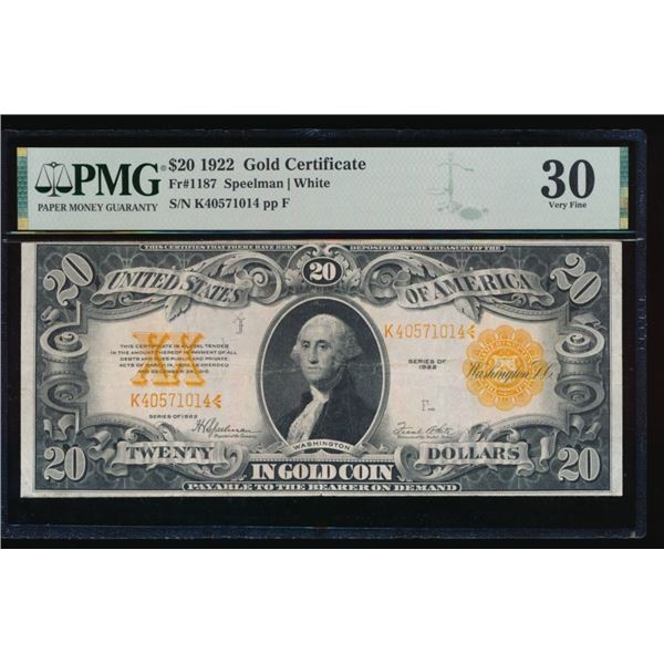 1922 $20 Gold Certificate PMG 30