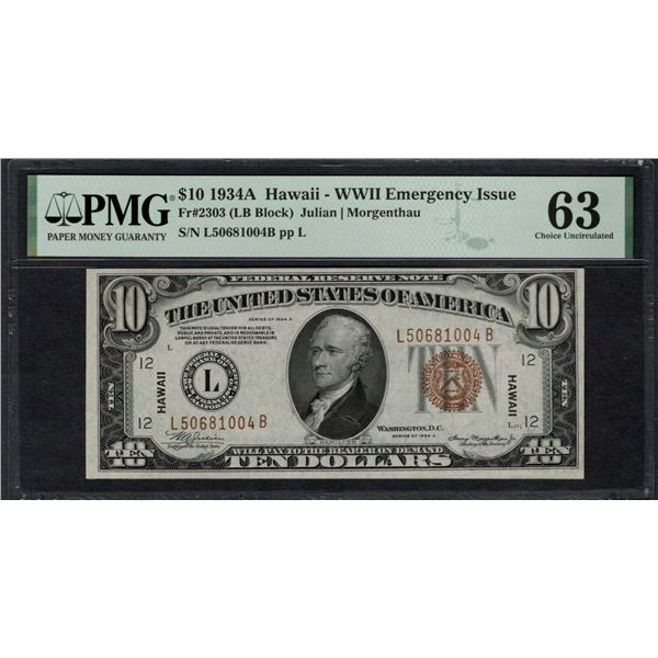 1934A $10 Hawaii FRN PMG 63