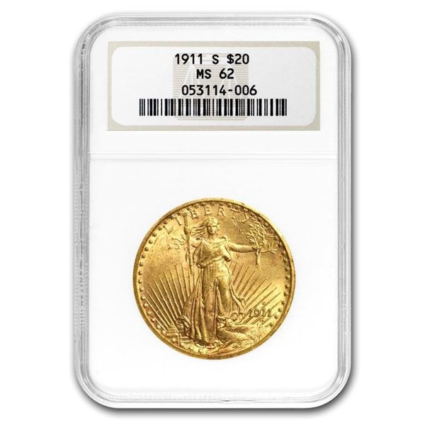 1911-S $20 Saint-Gaudens Gold Double Eagle MS-62 NGC