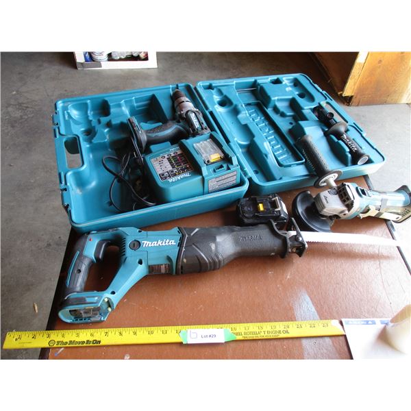 Makita 18V drill, sawzall, grinder, charger, 1 battery, case (like new)