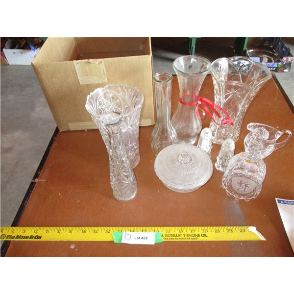 Clear glass vases + misc items