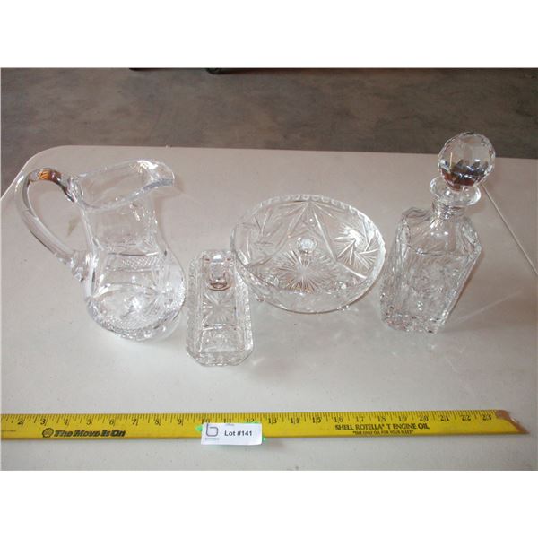 clear glass etched pitcher (cracked) + misc