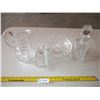 Image 1 : clear glass etched pitcher (cracked) + misc
