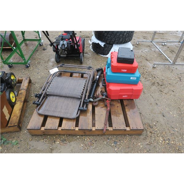 Pallet of - Chairs, Jack, Load Binder, Empty Tool Cases