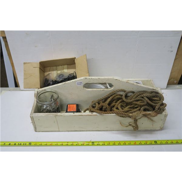 Assorted Shop Supplies in Wood Tool Tray