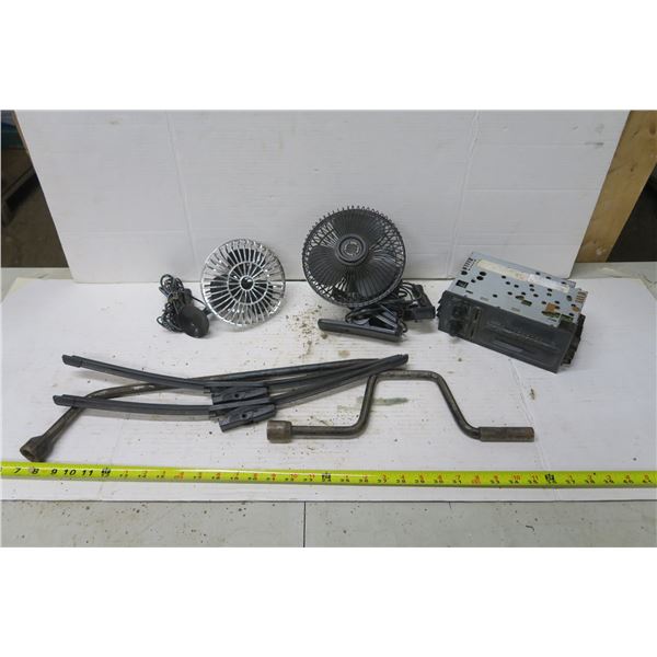 2 Small Fans, Stereo Deck, 2 Tire Irons, misc.