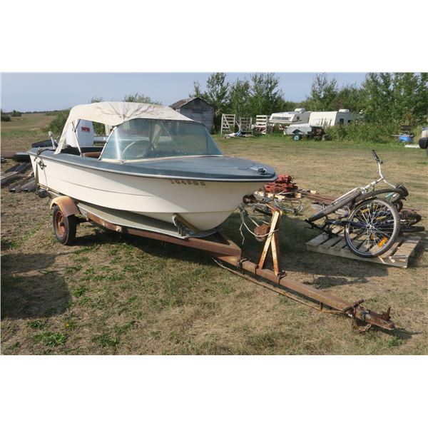 Fibre Glass Boat, Motor & Trailer (Sask Registered, VIN:0000) - 14ft. Boat, Johnson 65 Engine - As I