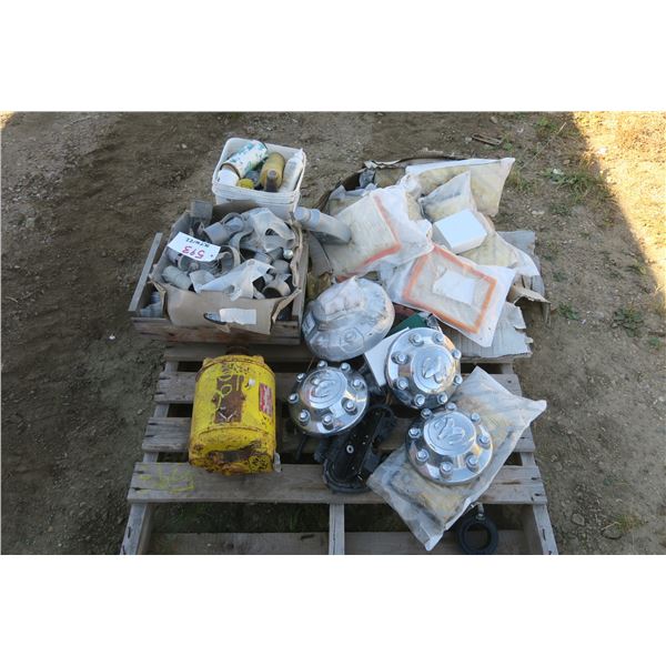 Pallet of Automotive, Motor, Hubcaps, Fence Hardware, Filters
