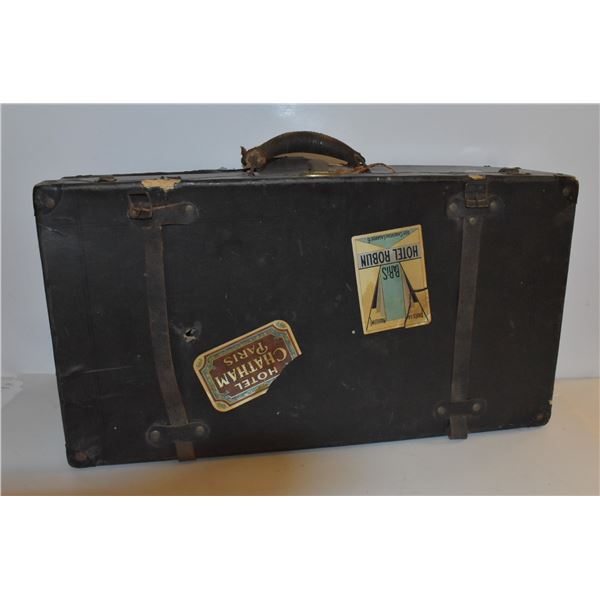 ANTIQUE SUITCASE WITH PARISIAN TRAVEL DECALS