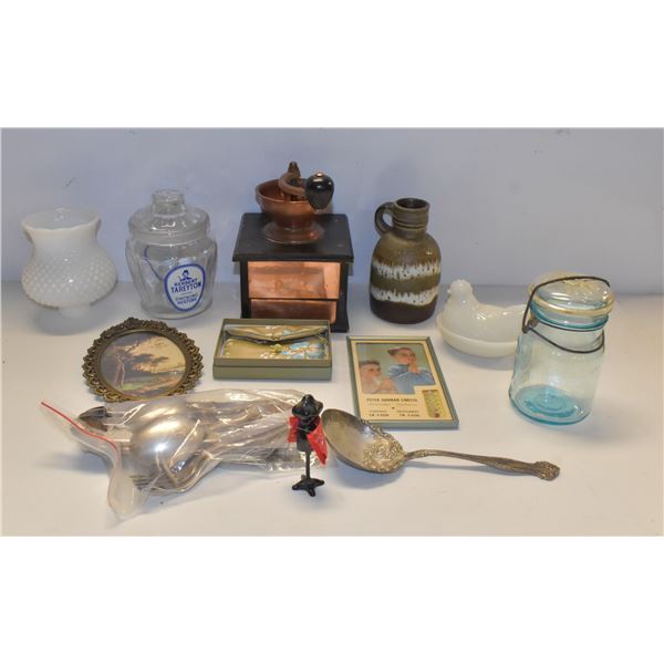 FLAT OF MILK GLASS, COFFEE GRINDER & MORE