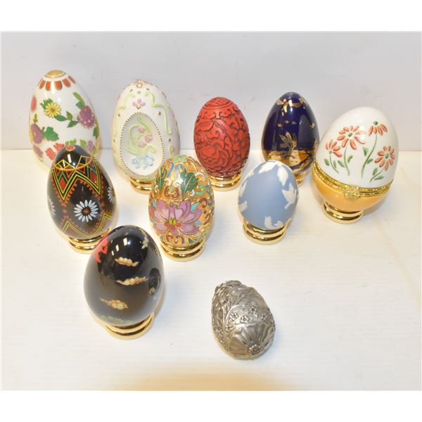 COLLECTION OF 10 PORCELAIN TO PEWTER EGGS ON