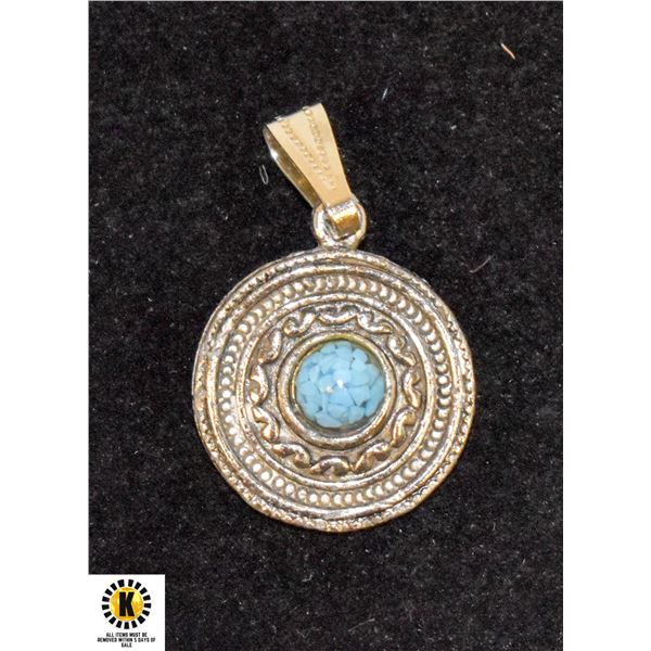 SILVER TONE PENDANT W BLUE STONE